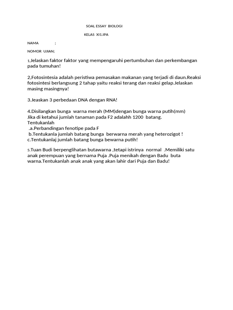 5 Contoh Soal Essay Biologi Kelas XII Semester 1 Beserta Jawaban yang Wajib Dikuasai Siswa