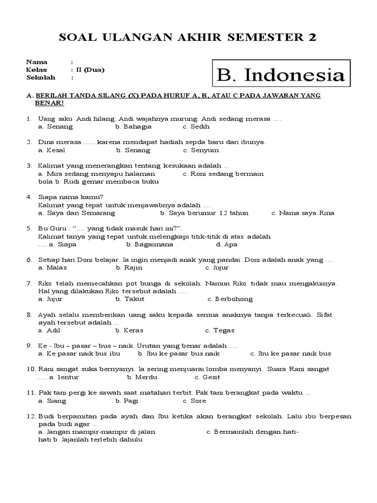 7 Rahasia Contoh Soal UKK Bahasa Indonesia Kelas 2 SD Semester 2 yang Wajib Diketahui