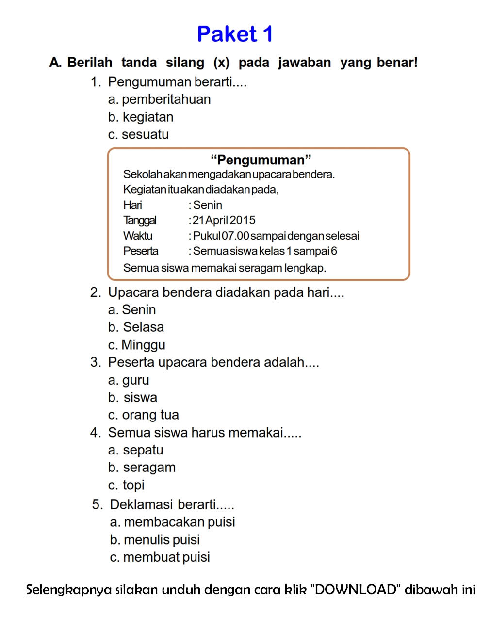 Soal Bahasa Indonesia Kelas 1 Semester 1 Dalchaebi Soal Bahasa Indonesia Kelas 1 Semester 1 Dalchaebi