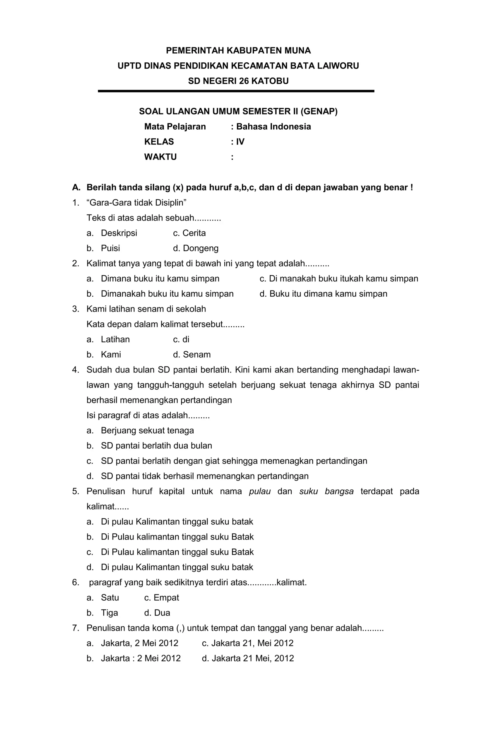 Contoh Soal UKK Bahasa Indonesia Kelas 4 Semester 2 Terbaru 2026, Wajib Coba Sebelum Ujian!