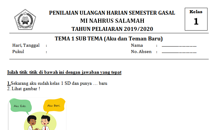 Contoh Soal Ulangan Harian Tema 1 Subtema 1 Kelas 1 Terbaru 2026, Wajib Tahu Agar Anak Siap Ujian