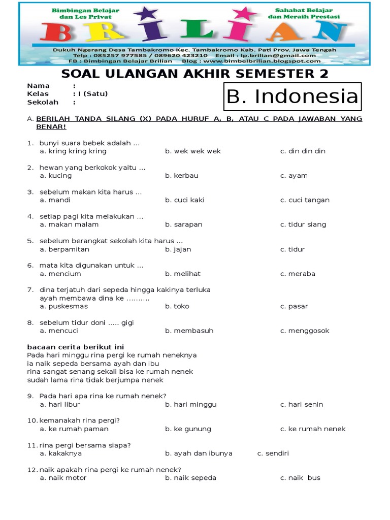 Terbukti! 7 Contoh Soal UKK Bahasa Indonesia Kelas 1 Semester 2 yang Wajib Dikuasai