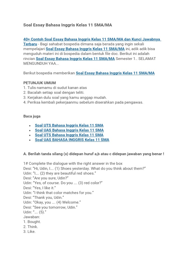 Ternyata Ini Dia Contoh Soal Essay Bahasa Inggris Kelas XI Semester 1 yang Sering Muncul di Ujian Ternyata Ini Dia Contoh Soal Essay Bahasa Inggris Kelas XI Semester 1 yang Sering Muncul di Ujian