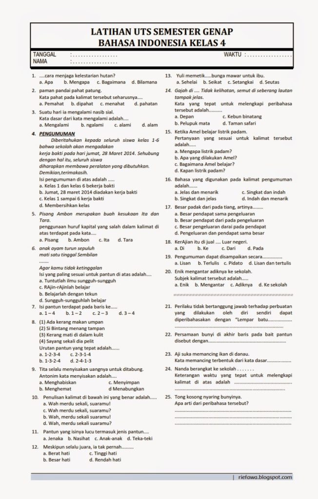 contoh soal bahasa indonesia kelas 4 semester 1 kurikulum 2013