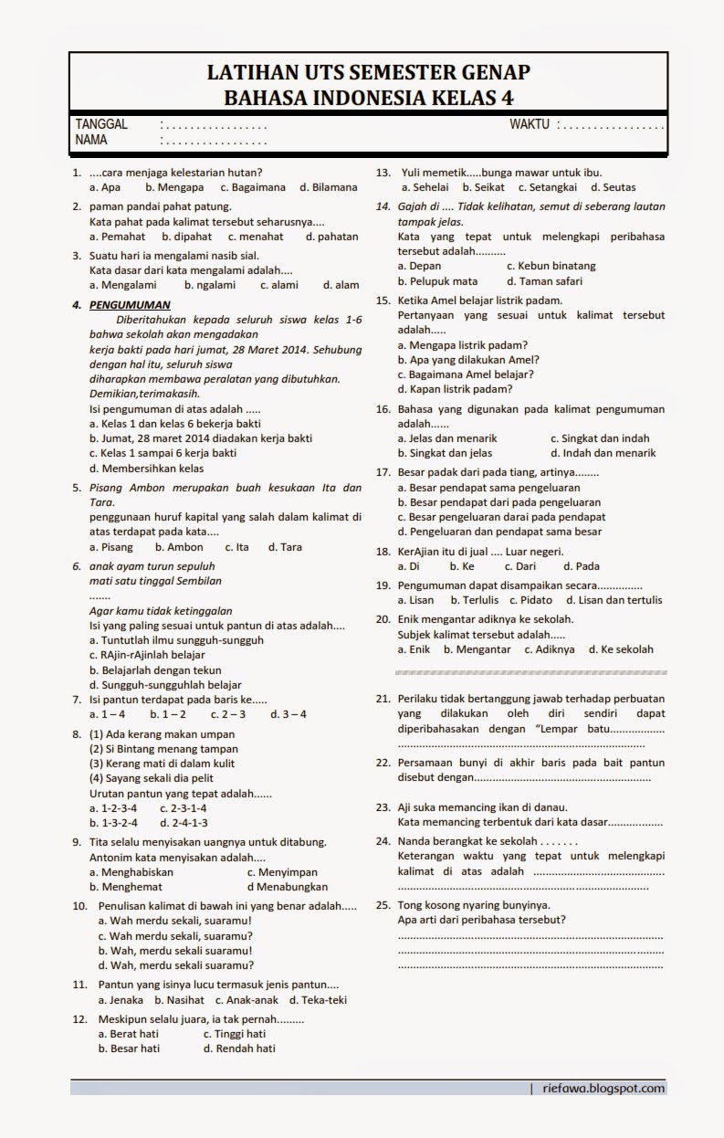 contoh soal bahasa indonesia kelas 4 semester 1 kurikulum 2013