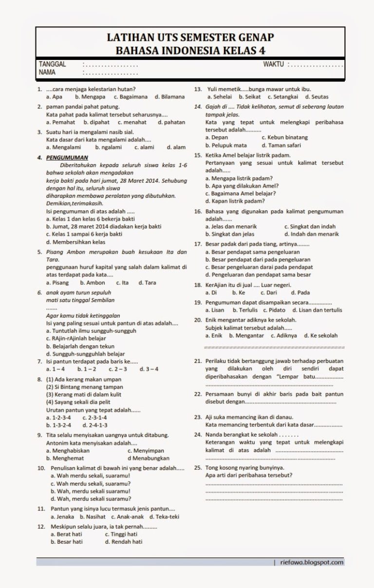 contoh soal bahasa indonesia kelas 4 tema 6 revisi 2016
