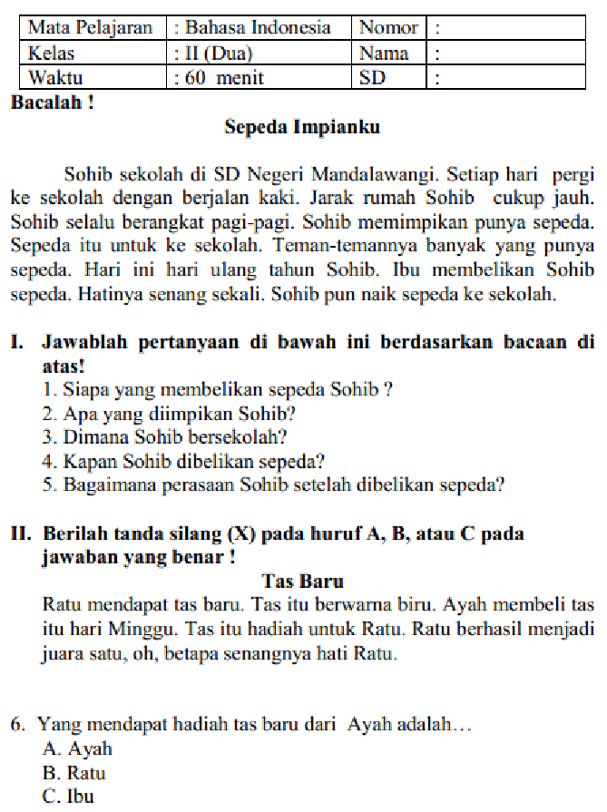 SOAL DAN JAWABAN LATIHAN UAS BAHASA INDONESIA KELAS 2 SD MI SEMESTER 1