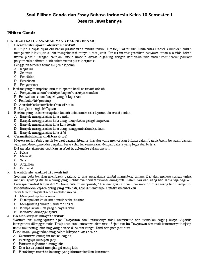 contoh soal essay bahasa indonesiaa kelas 10 semester 1 contoh soal essay bahasa indonesiaa kelas 10 semester 1