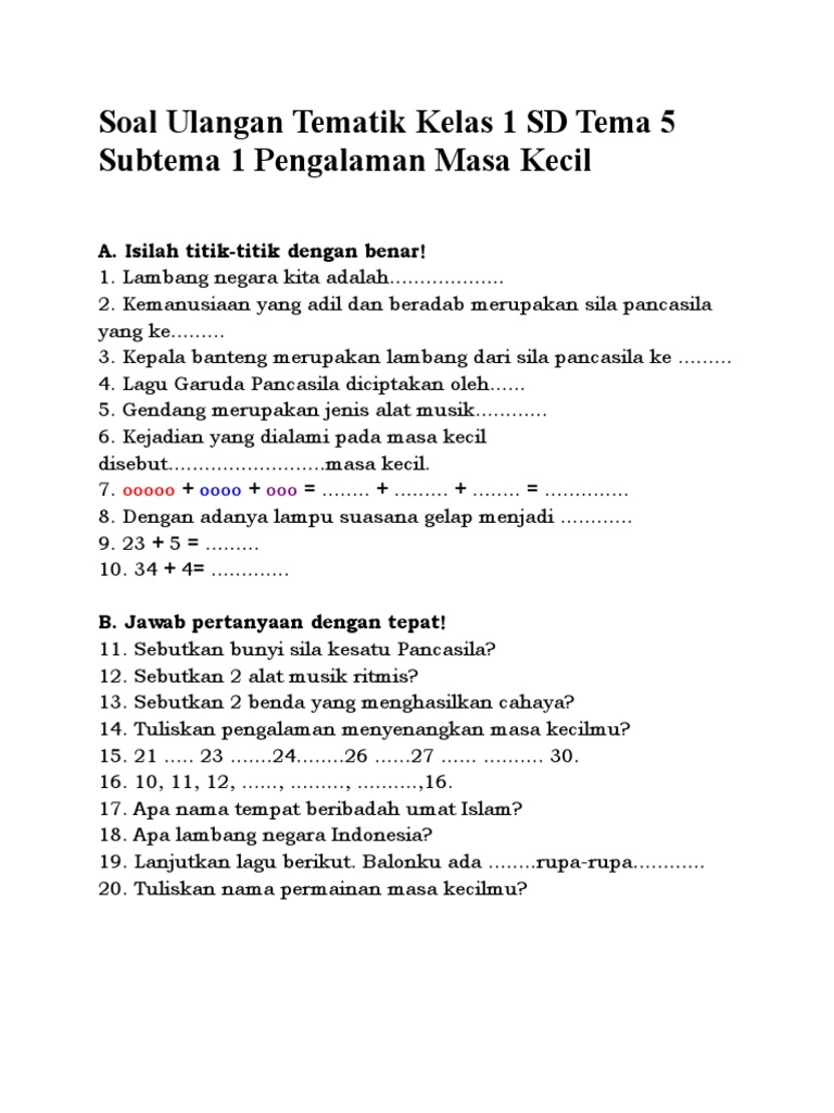 contoh soal ulangan harian tematik 5 kelas 1 subtema 1 Terbukti Bikin Anak Pintar Sekarang