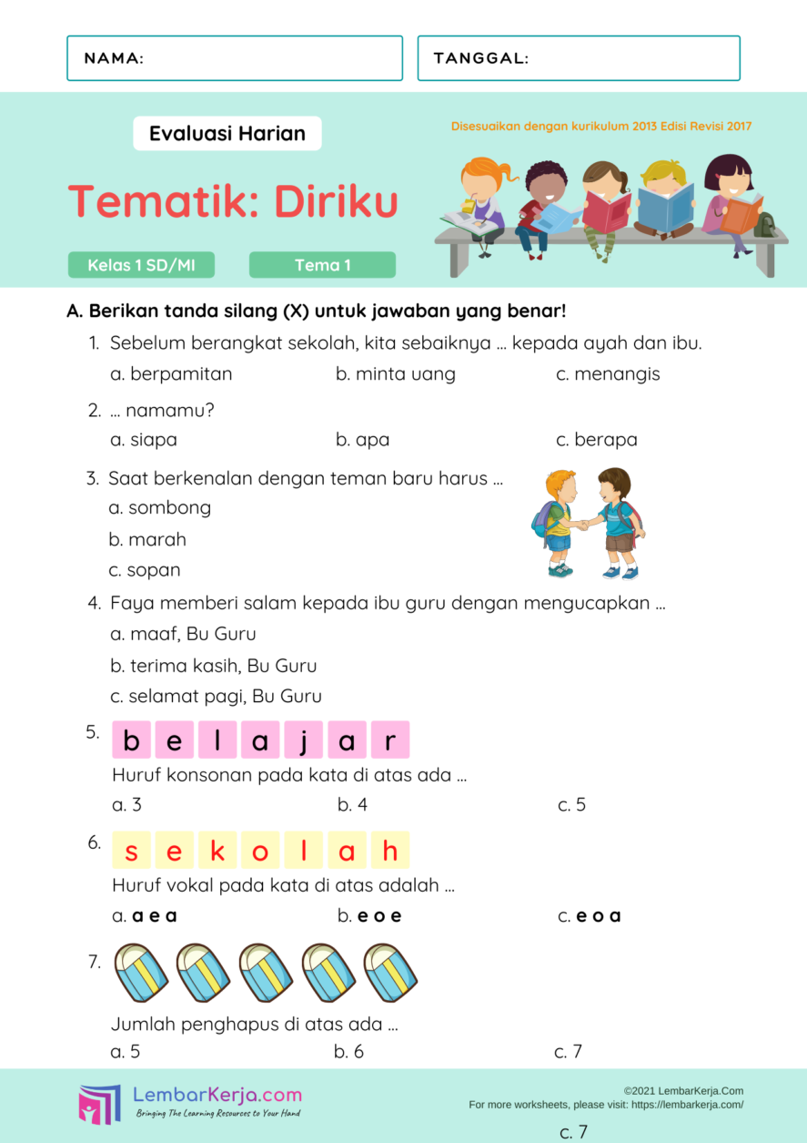 contoh soal ulangan harian tematik a kelas 1 sd