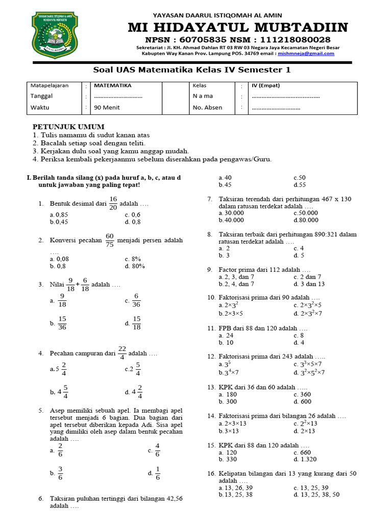 Rahasia Skor Sempurna Lewat Kumpulan Soal Soal UAS Matematika Kelas 4 SD Semester 1 Rahasia Skor Sempurna Lewat Kumpulan Soal Soal UAS Matematika Kelas 4 SD Semester 1