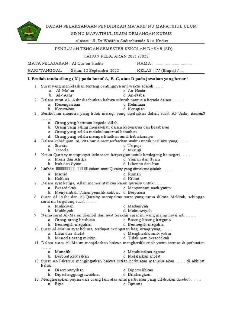 Rahasia Skor Tinggi: Bocoran Soal Al-Qur’an Hadits Kelas 4 Semester 1 Terbaru Rahasia Skor Tinggi: Bocoran Soal Al-Qur’an Hadits Kelas 4 Semester 1 Terbaru