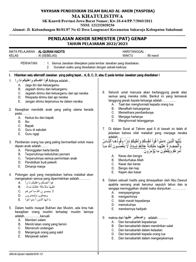 Rahasia Sukses Menjawab Soal Alqur An Hadis Kelas XI Semester 1 Kurikulumm 2017 Terbukti Ampuh