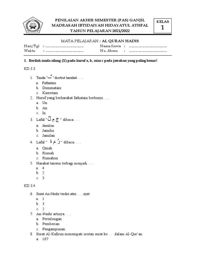 Wajib Tahu! Kumpulan soal alquran hadits kelas 1 mi semester 12 Terbaru Tahun Ini Wajib Tahu! Kumpulan soal alquran hadits kelas 1 mi semester 12 Terbaru Tahun Ini